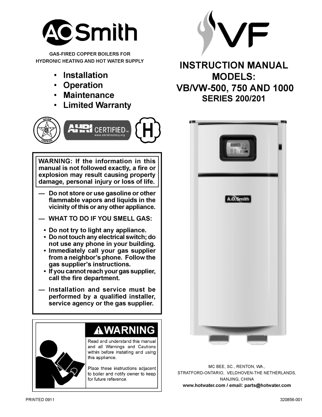 A.O. Smith VB/VW- 750, VB/VW- 1000 instruction manual Models 