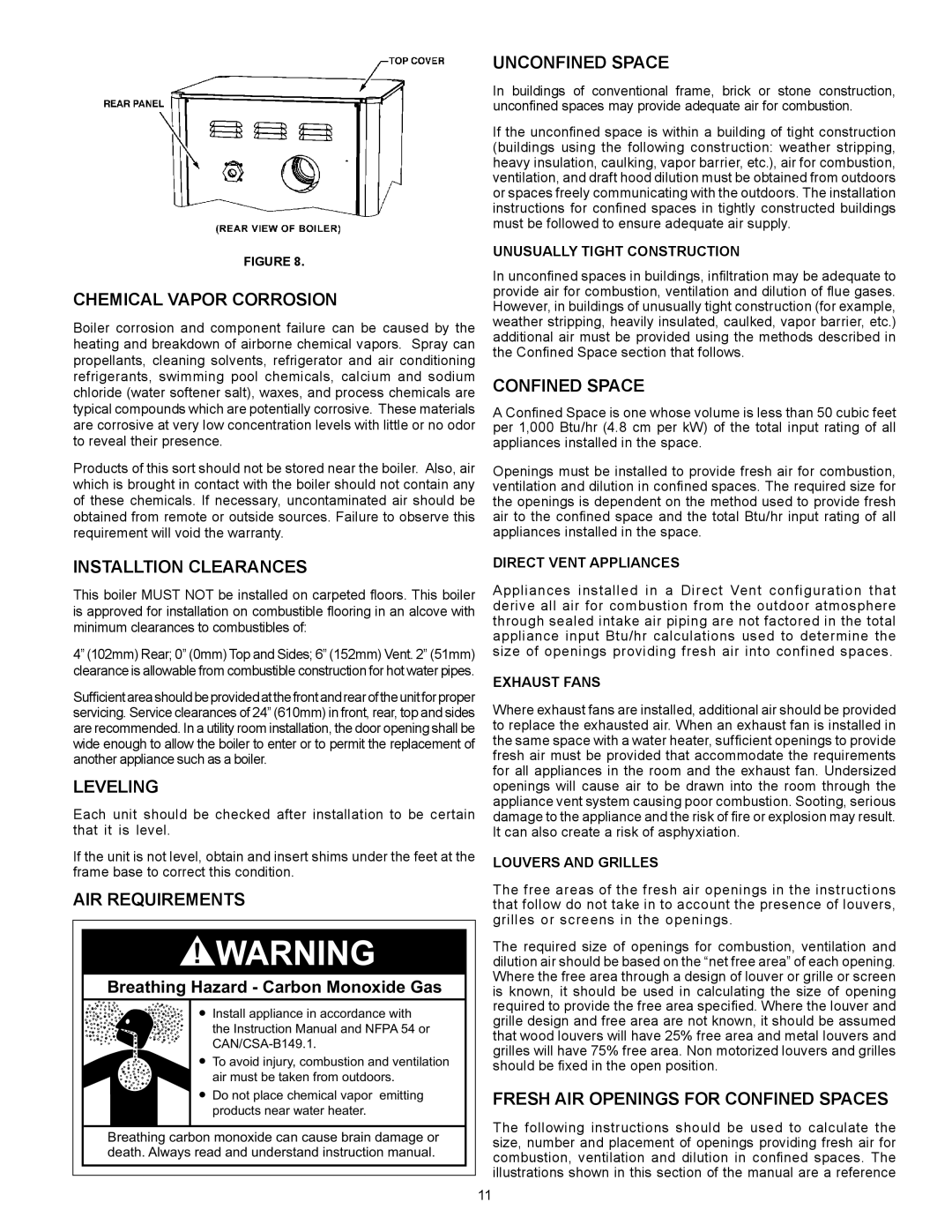 A.O. Smith VB/VW- 750 Chemical Vapor Corrosion, Installtion Clearances, Leveling, Unconfined Space, Confined Space 