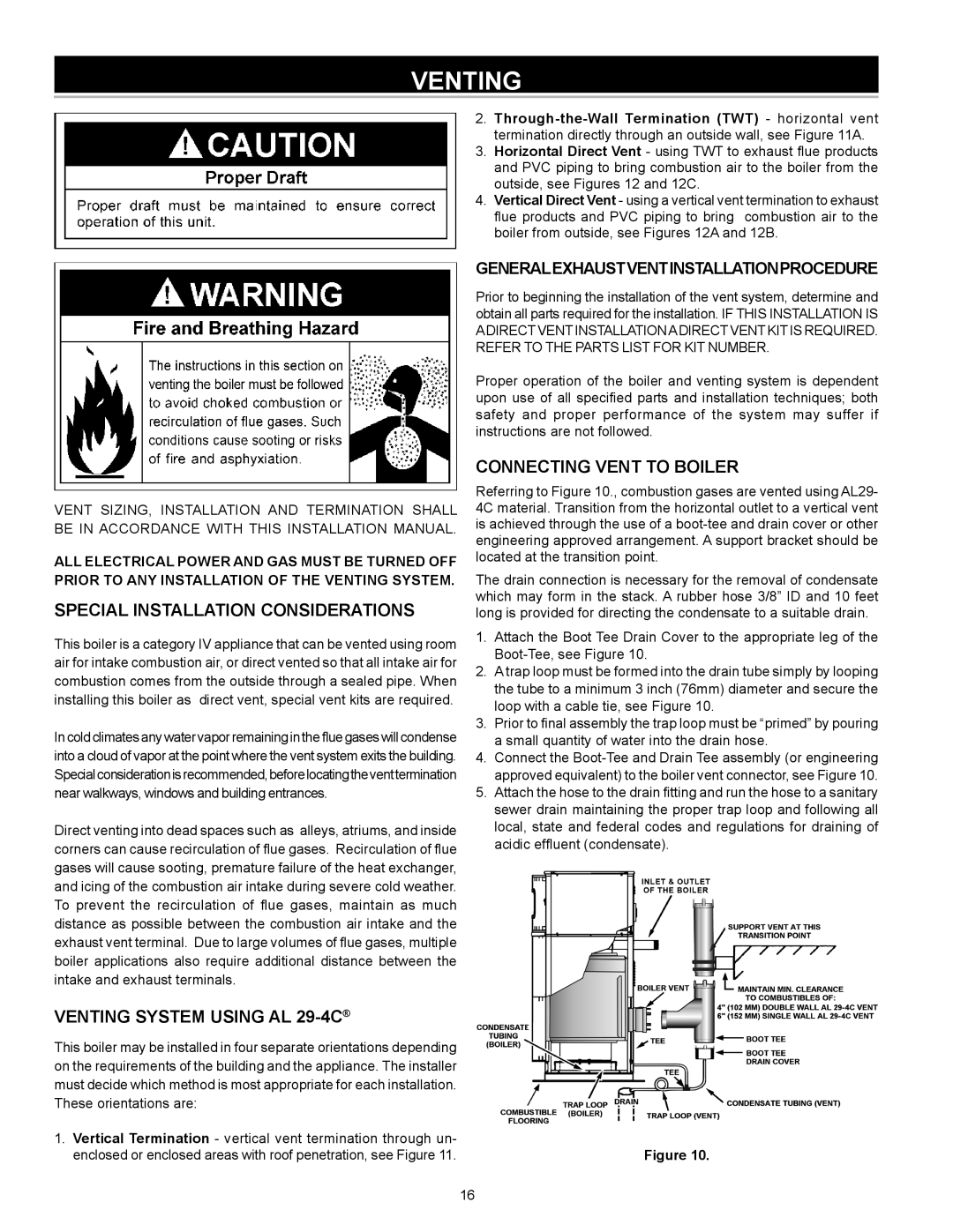 A.O. Smith VB/VW- 1000 Special Installation Considerations, Venting System Using AL 29-4C, Connecting Vent to Boiler 