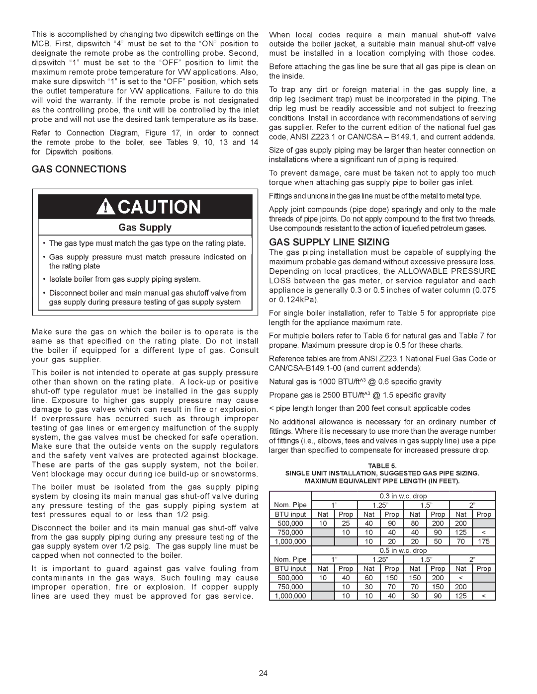 A.O. Smith VB/VW- 1000, VB/VW- 750 instruction manual Gas Connections, Gas Supply Line Sizing 