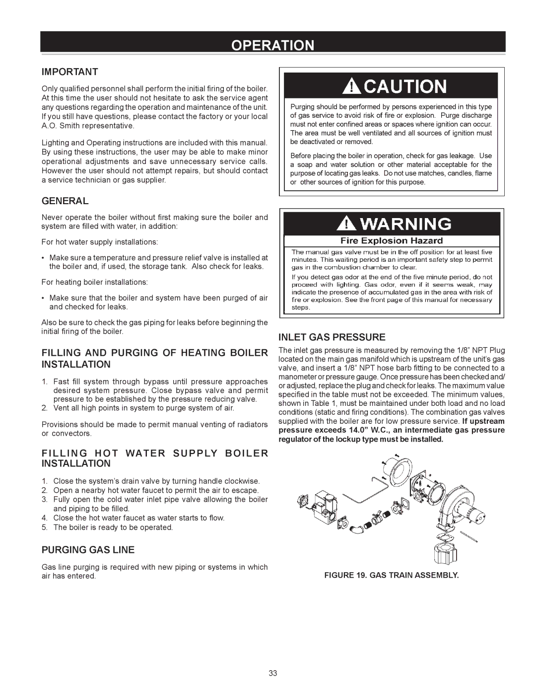 A.O. Smith VB/VW- 750 Operation, Filling and Purging of Heating Boiler Installation, Purging Gas Line, Inlet Gas Pressure 