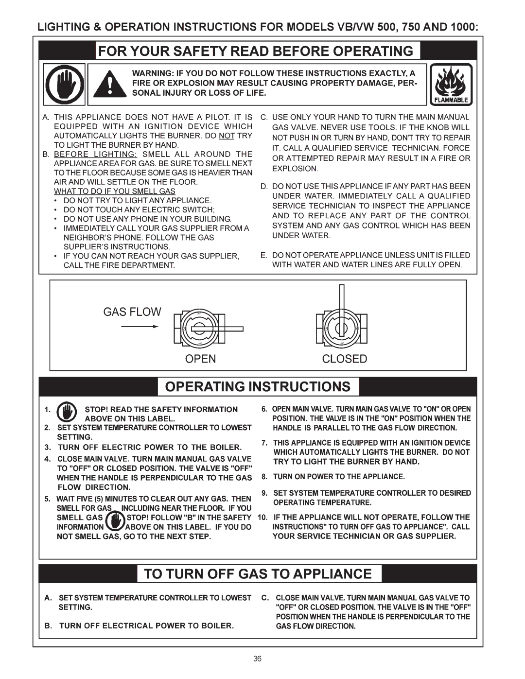 A.O. Smith VB/VW- 1000, VB/VW- 750 instruction manual Lighting & Operation Instructions for Models VB/VW 500, 750 