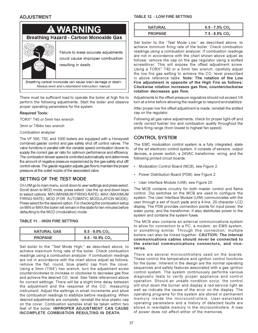 A.O. Smith VB/VW- 750, VB/VW- 1000 Adjustment, Setting of the Test Mode, High Fire Setting Natural GAS, Propane 