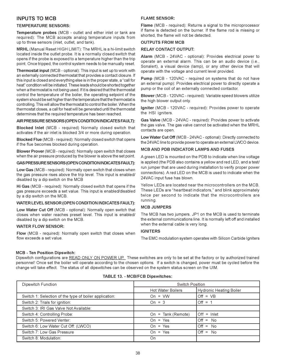 A.O. Smith VB/VW- 1000, VB/VW- 750 instruction manual Inputs to MCB 