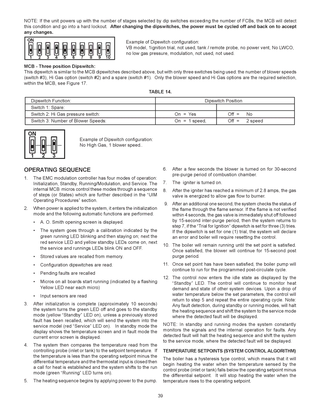 A.O. Smith VB/VW- 750, VB/VW- 1000 instruction manual Operating Sequence, Temperature Setpoints System Control Algorithm 