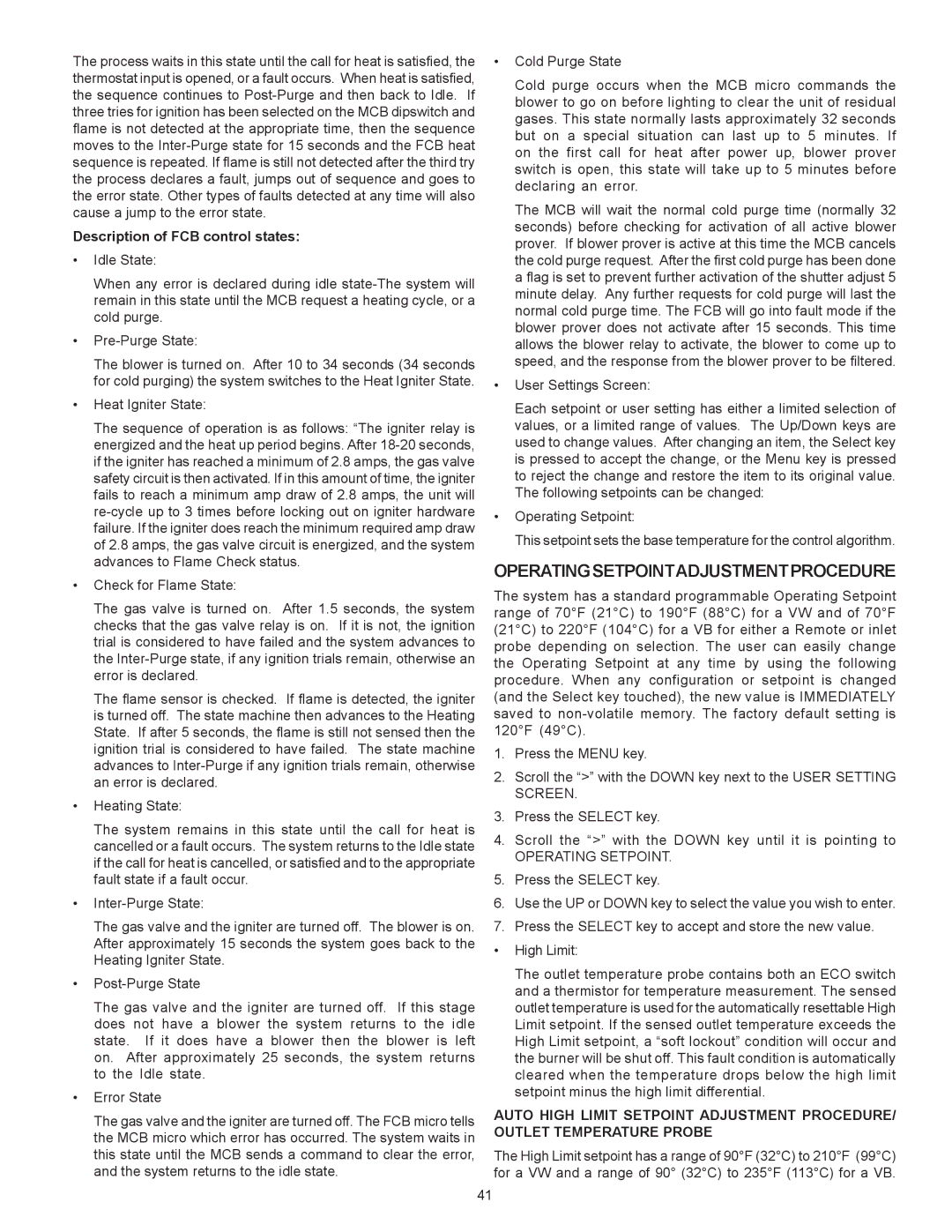 A.O. Smith VB/VW- 750, VB/VW- 1000 OperatingSetpointAdjustmentProcedure, Description of FCB control states 