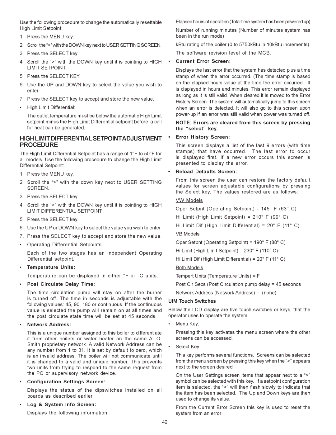 A.O. Smith VB/VW- 1000, VB/VW- 750 instruction manual HighLimitDifferentialSetpointAdjustment Procedure 