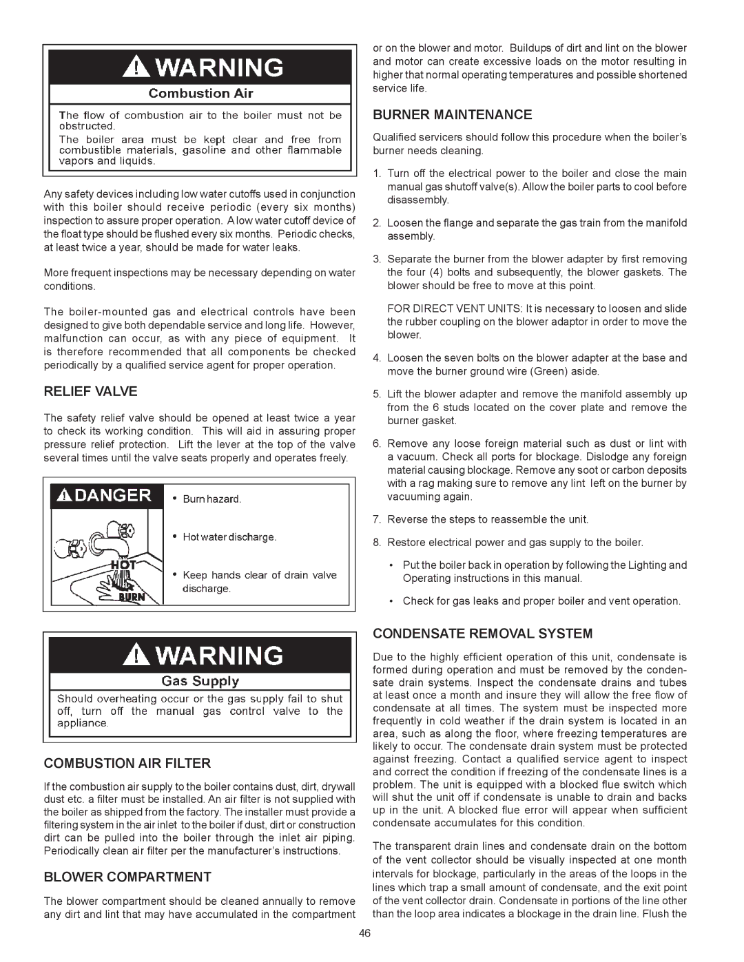 A.O. Smith VB/VW- 1000, VB/VW- 750 Relief Valve, Burner Maintenance, Combustion Air Filter, Blower Compartment 