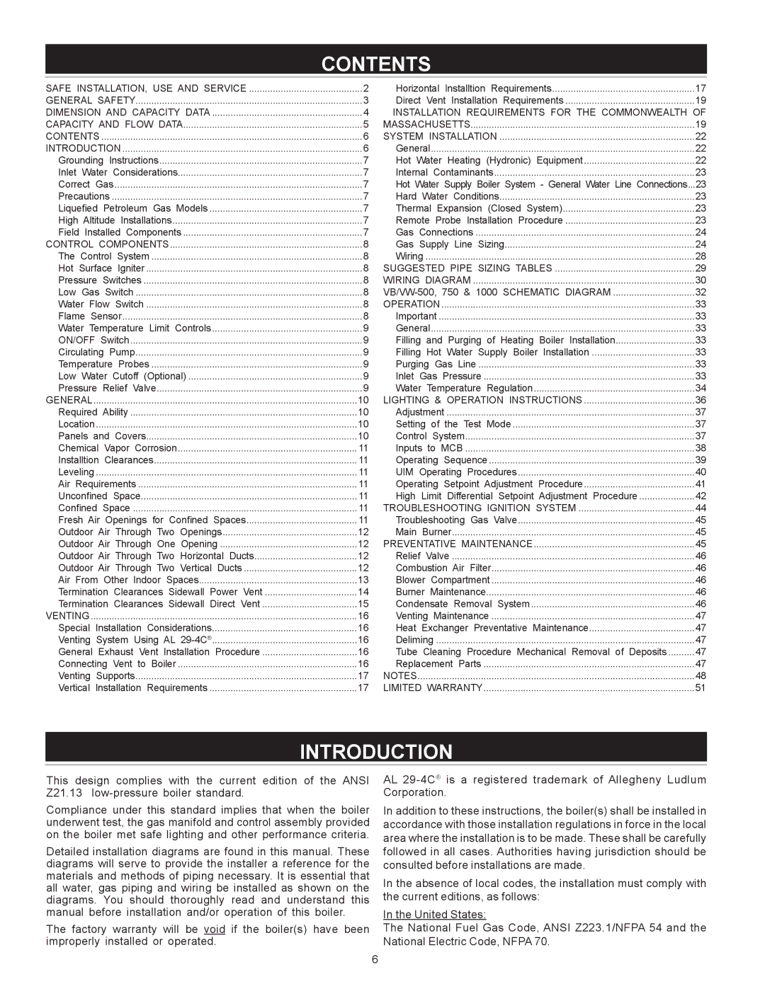 A.O. Smith VB/VW- 1000, VB/VW- 750 instruction manual Contents, Introduction 