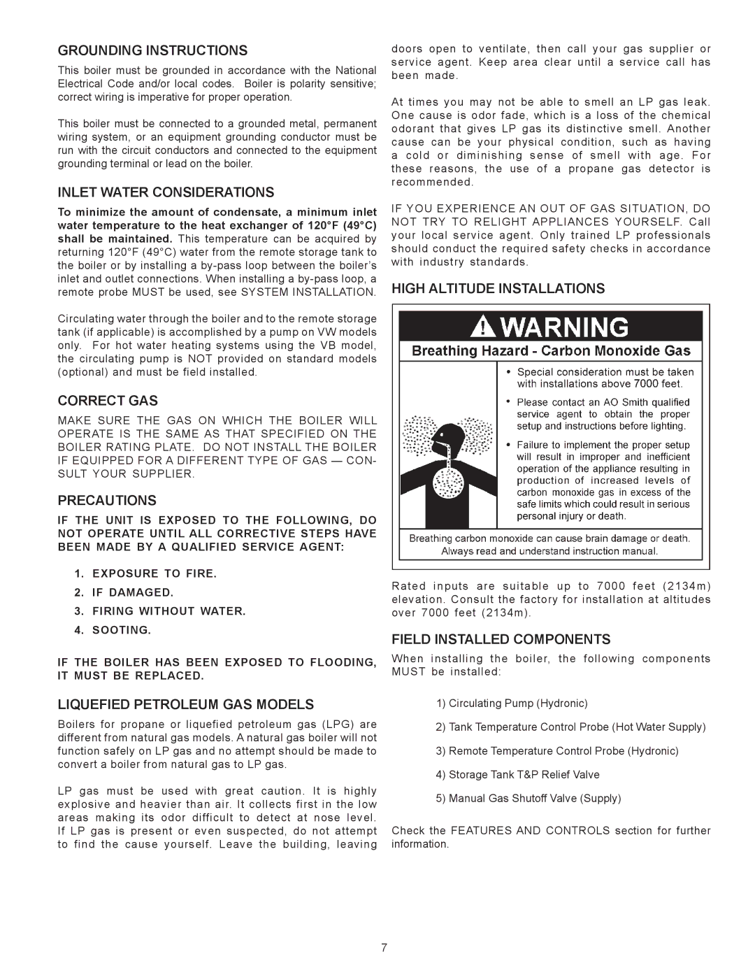 A.O. Smith VB/VW- 750, VB/VW- 1000 Grounding Instructions, Inlet Water Considerations, Correct Gas, Precautions 