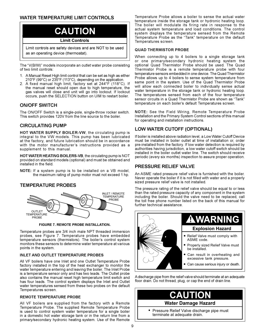 A.O. Smith VB/VW- 750, VB/VW- 1000 Water Temperature Limit Controls, ON/OFF Switch, Circulating Pump, Temperature Probes 