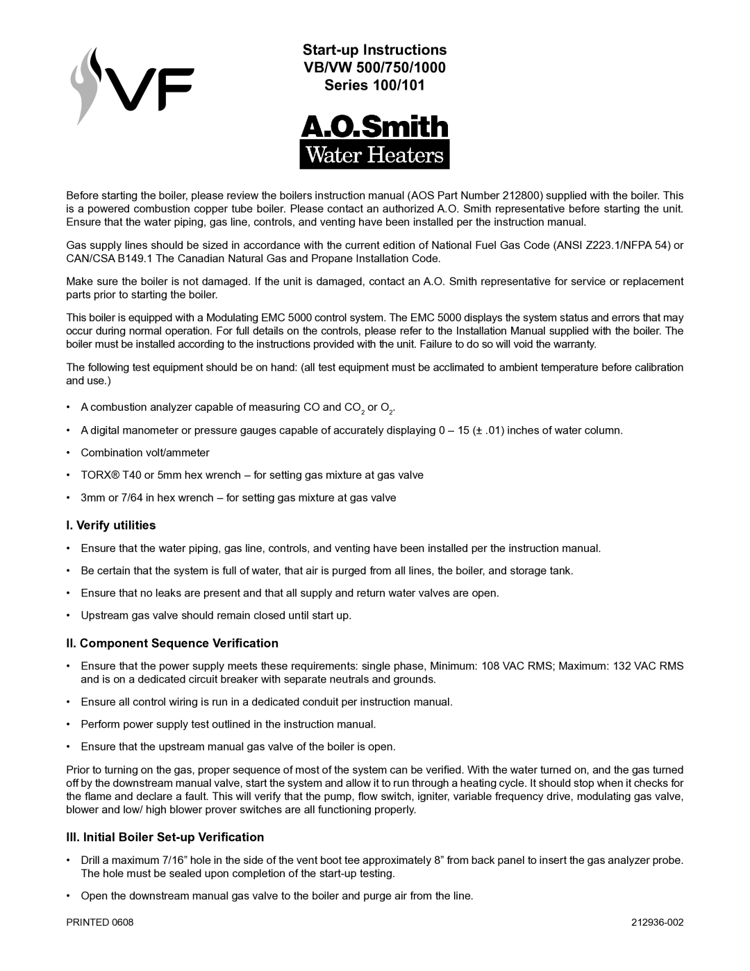 A.O. Smith VB/VW 500/750/1000 instruction manual Verify utilities, II. Component Sequence Verification 