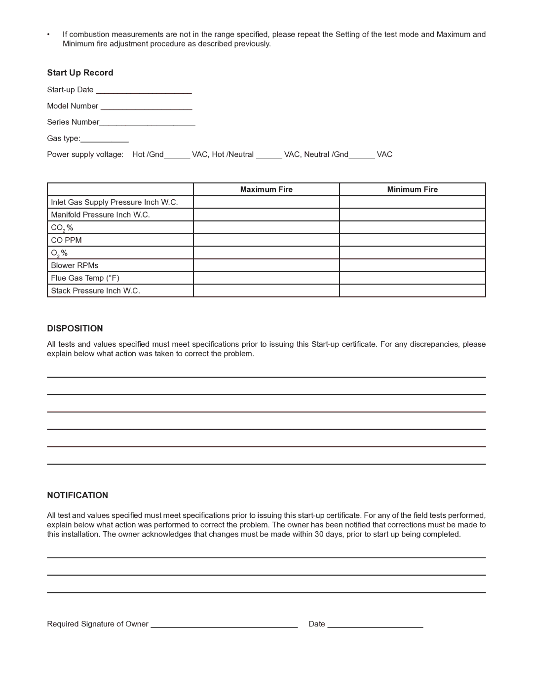 A.O. Smith VB/VW 500/750/1000 instruction manual Start Up Record, Disposition, Notification, Maximum Fire Minimum Fire 