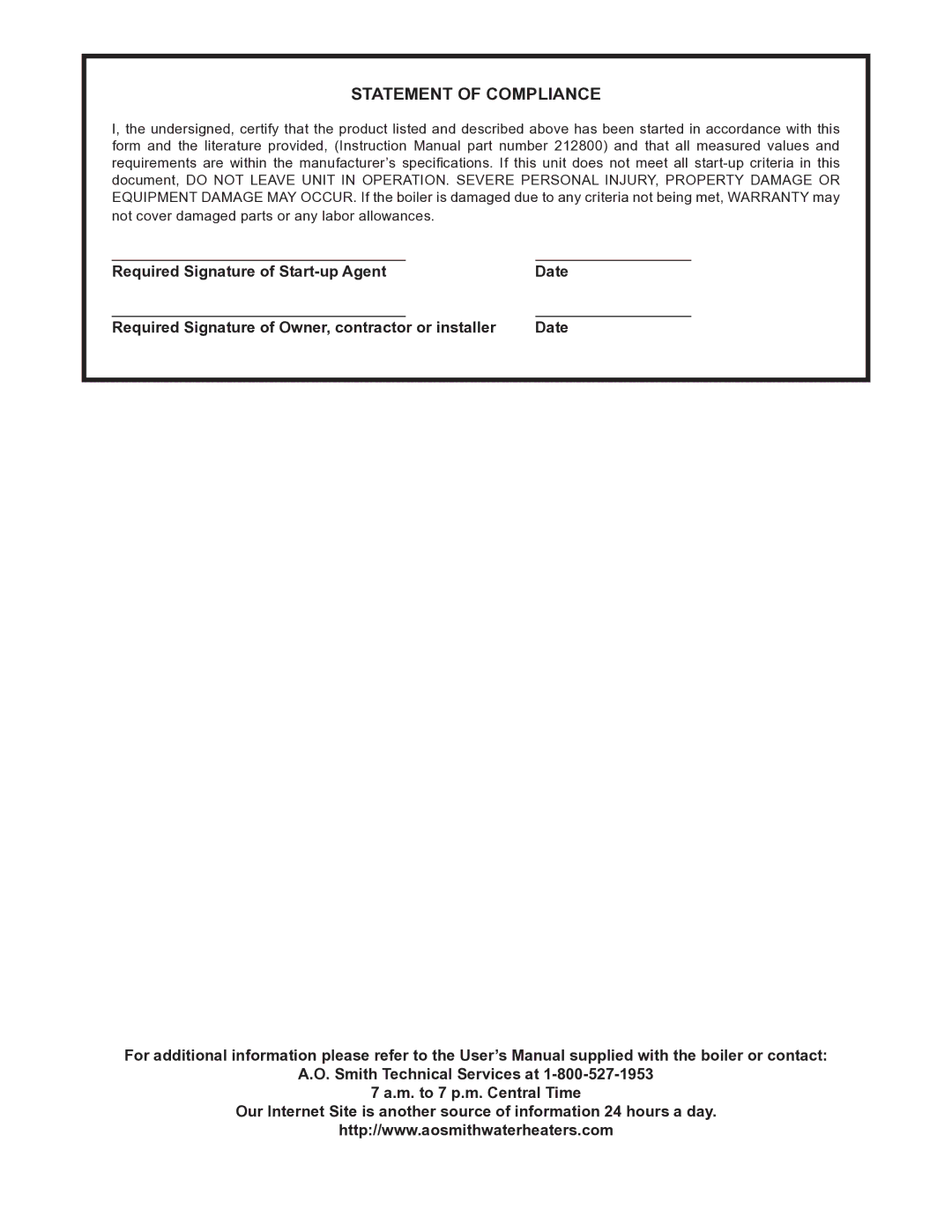 A.O. Smith VB/VW 500/750/1000 instruction manual Statement of Compliance 