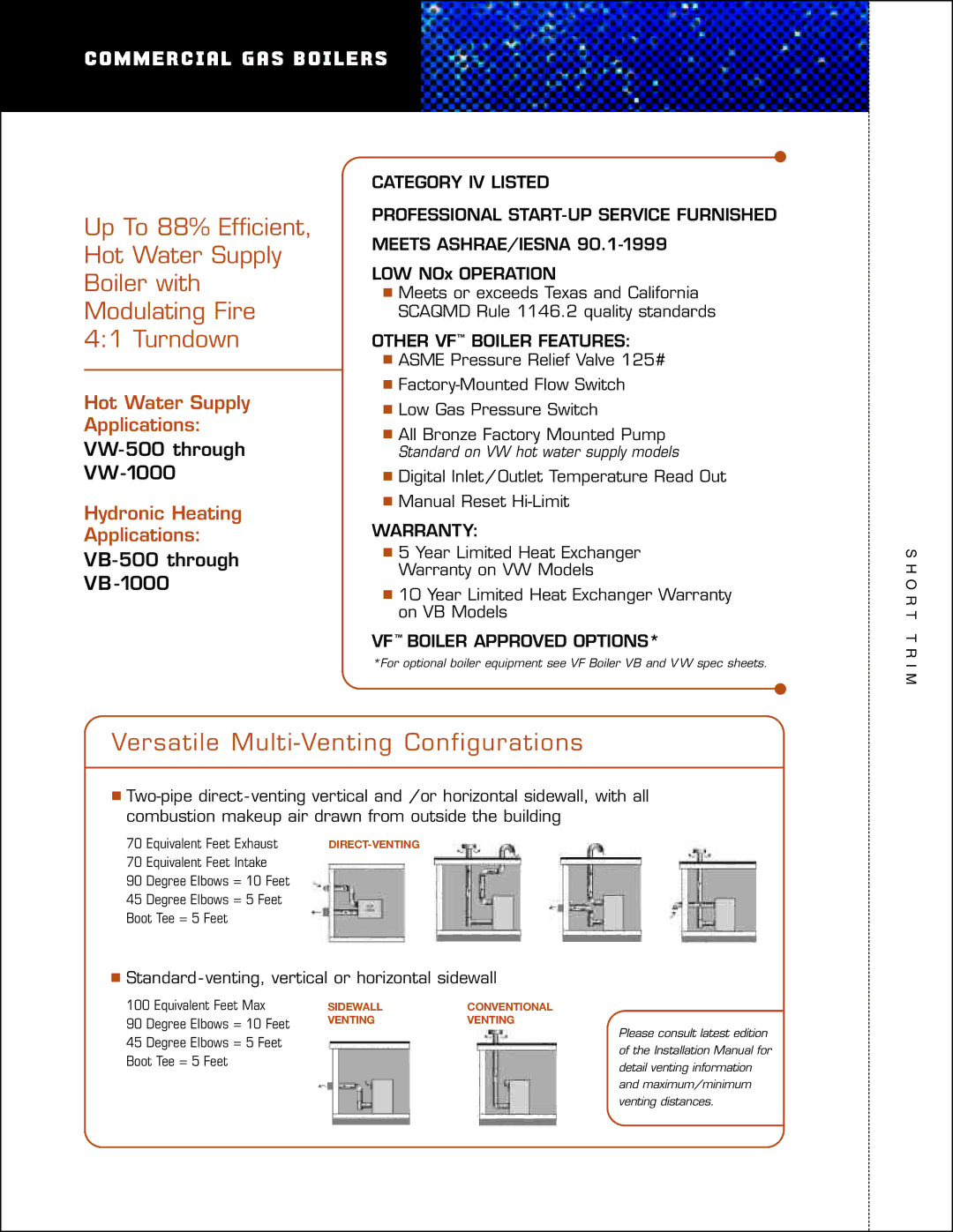 A.O. Smith VF Series manual Versatile Multi-Venting Configurations, Standard venting, vertical or horizontal sidewall 