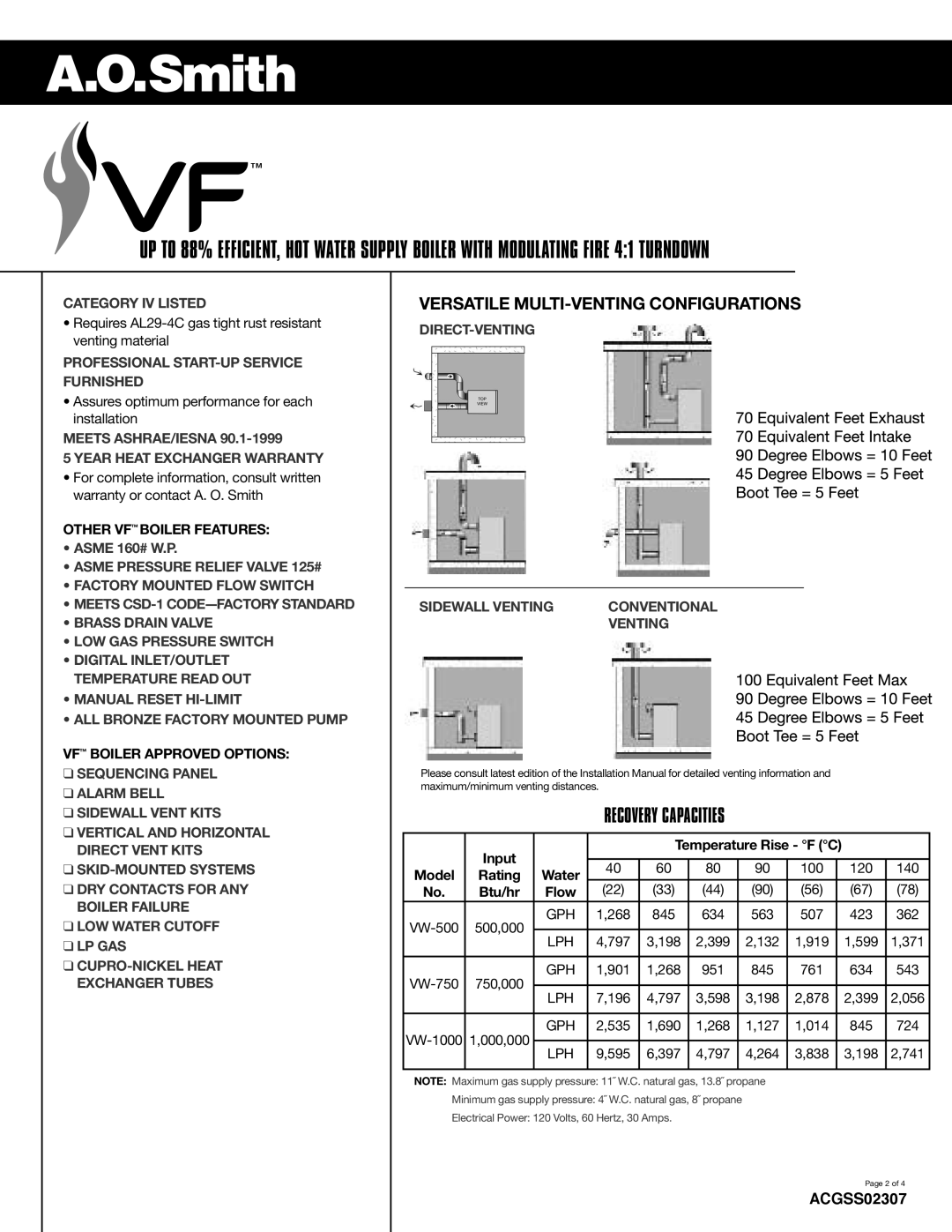 A.O. Smith VW-500 through VW-1000 Recovery Capacities, ACGSS02307, Other Vf Boiler Features, Vf Boiler Approved Options 