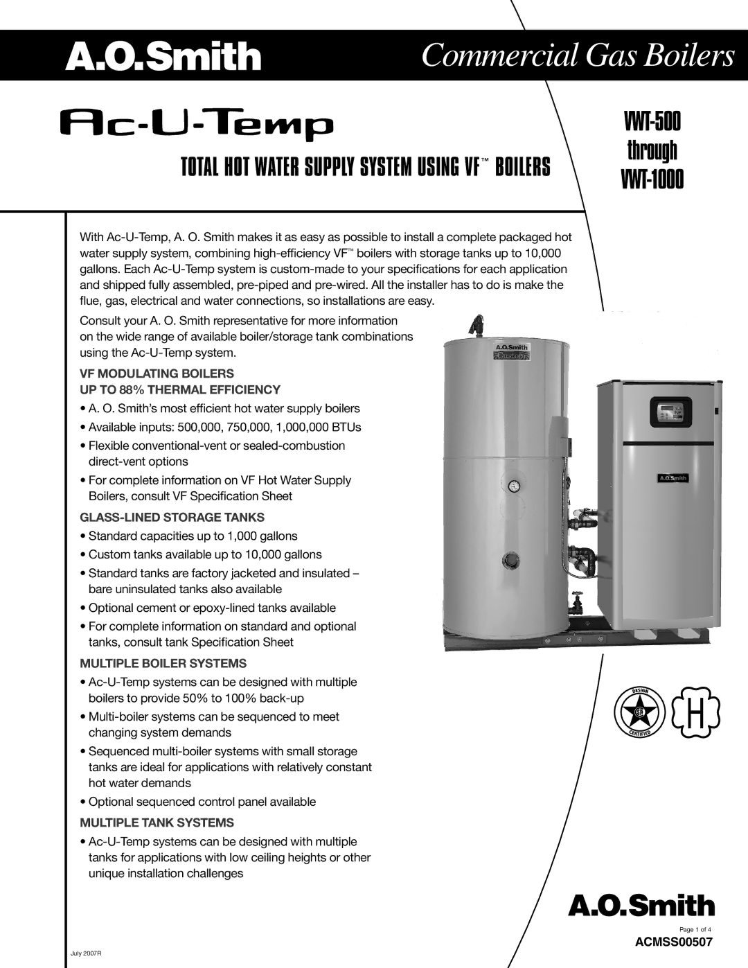 A.O. Smith VWT-500, VWT-1000 specifications VF Modulating Boilers UP to 88% Thermal Efficiency, GLASS-LINED Storage Tanks 