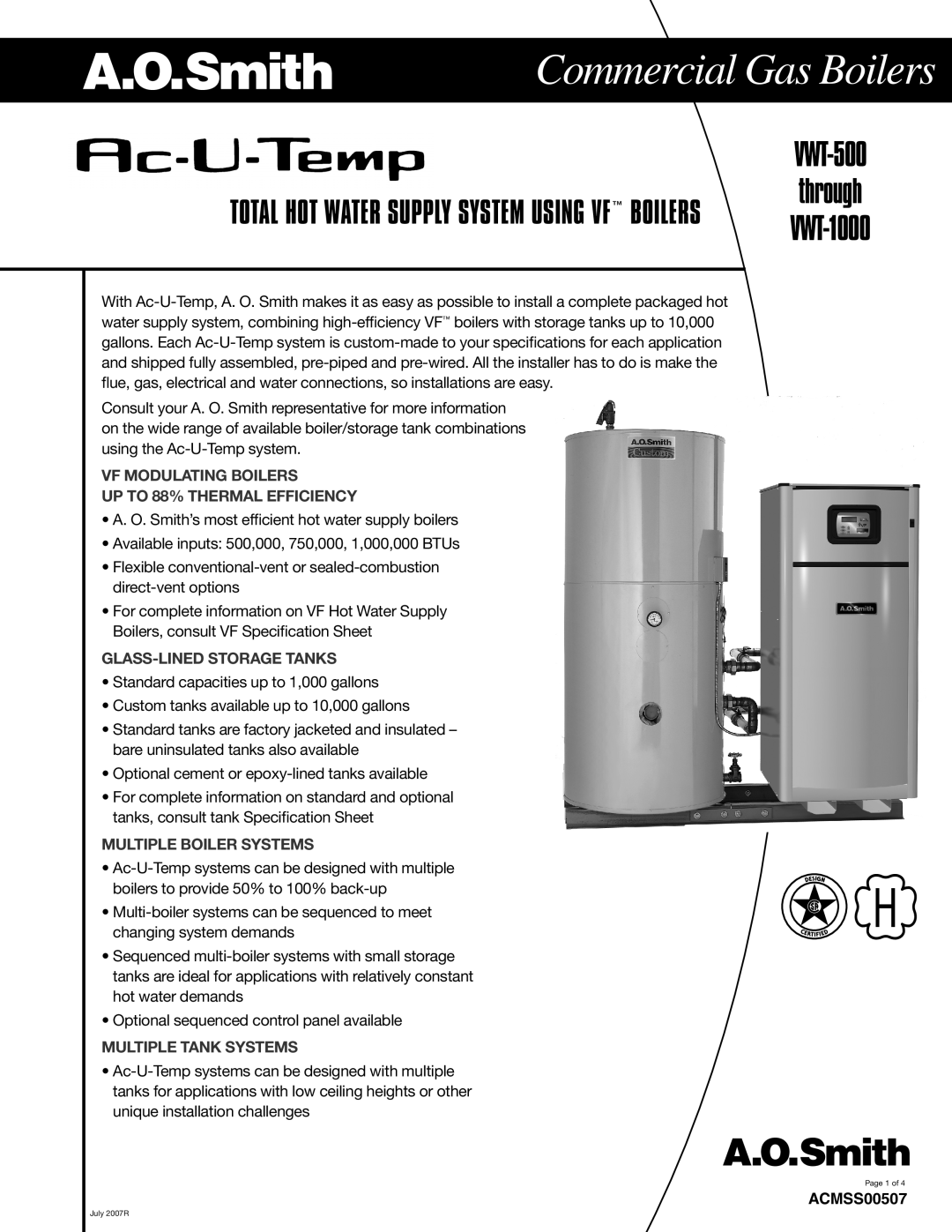 A.O. Smith VWT-500 specifications Commercial Gas Boilers, VF MODULATING BOILERS UP TO 88% THERMAL EFFICIENCY, ACMSS00507 