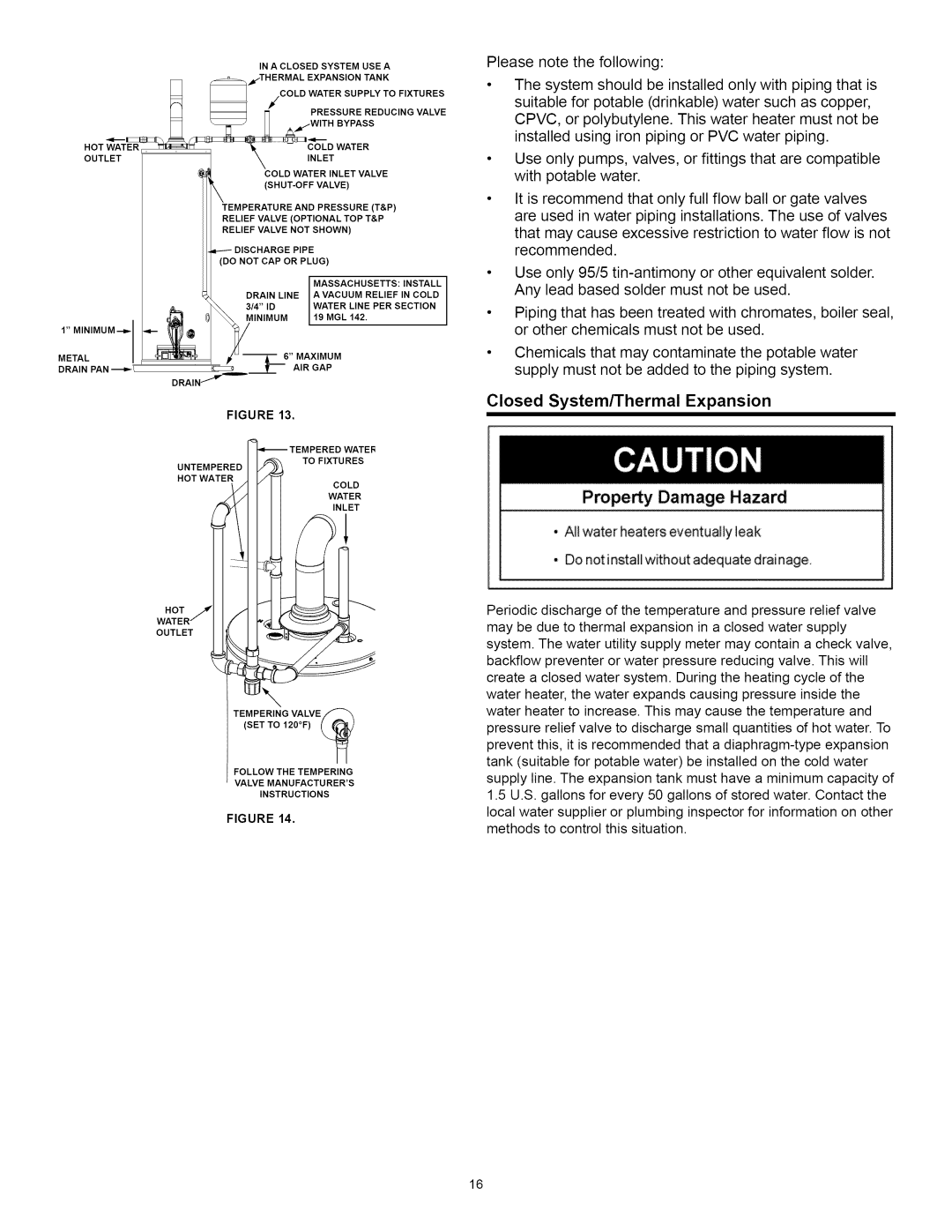 A.O. Smith Water Heater installation instructions Propey Damage Hazard, Closed System/Thermal Expansion 