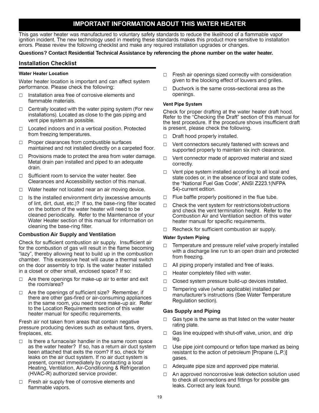 A.O. Smith Water Heater installation instructions Vent Pipe System, Water System Piping, Gas Supply and Piping 