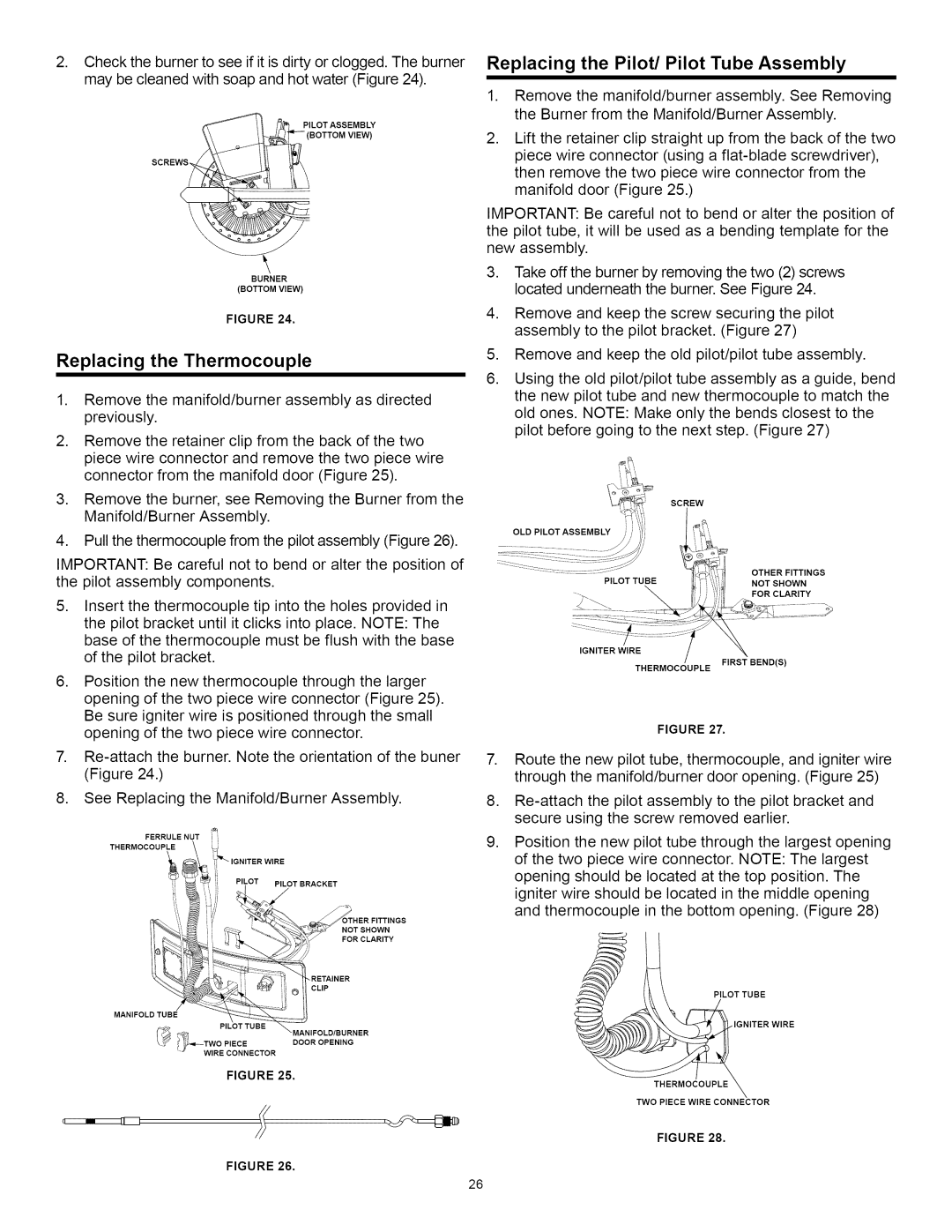 A.O. Smith Water Heater installation instructions Replacing the Thermocouple, Replacing the Pilot/Pilot Tube Assembly 