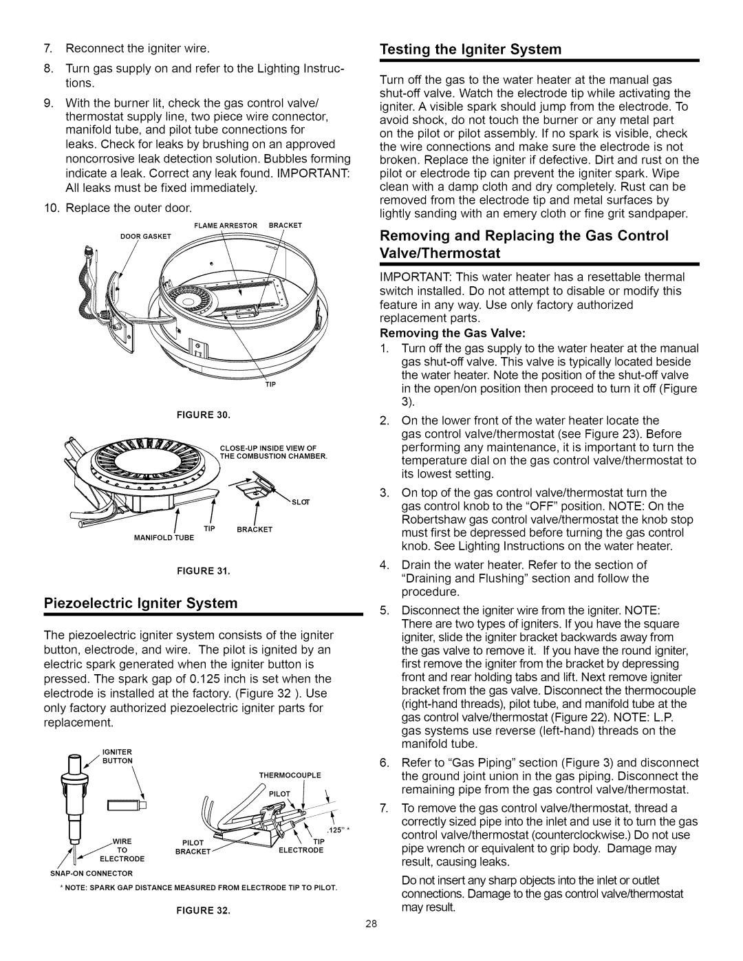 A.O. Smith Water Heater installation instructions Piezoelectric Igniter System, Testing the Igniter System 