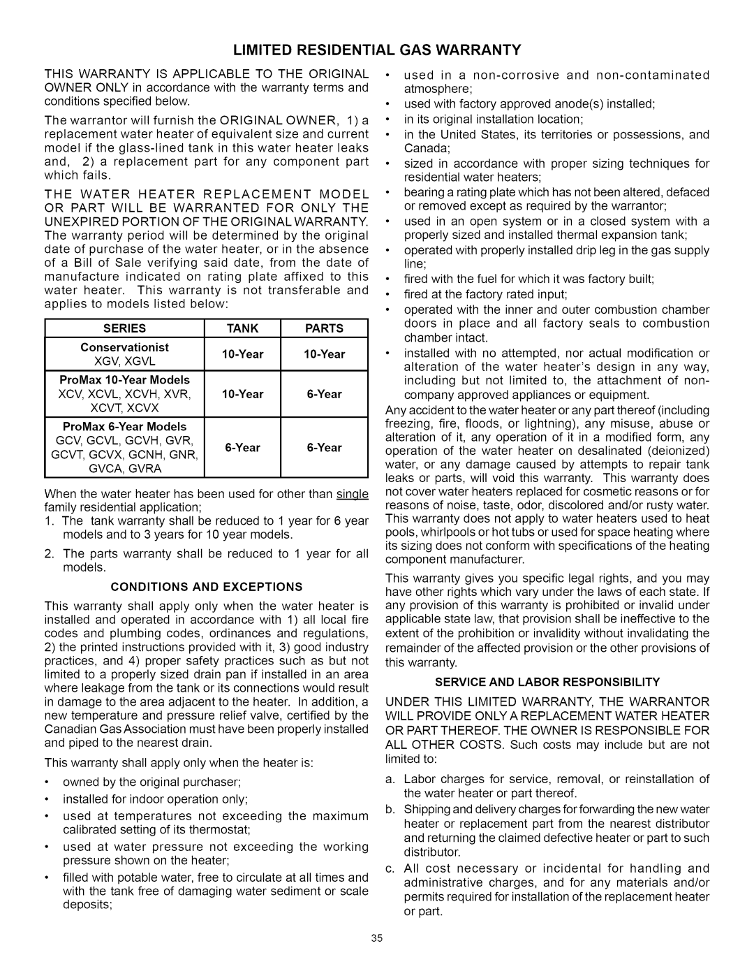 A.O. Smith Water Heater installation instructions Limited Residential GAS Warranty, Conditions and Exceptions 