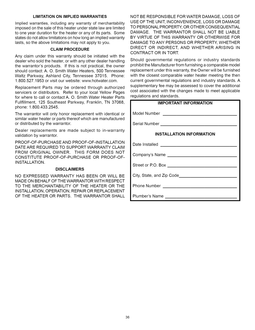 A.O. Smith Water Heater Limitation on Implied Warranties, Claim Procedure, Disclaimers, Important Information 