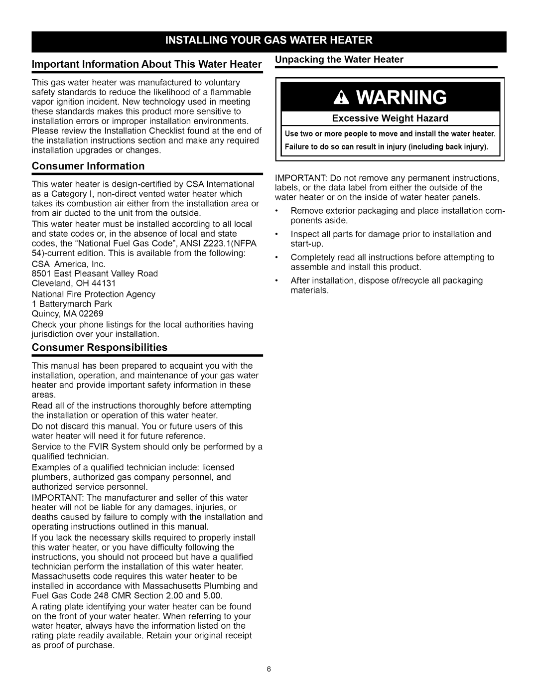 A.O. Smith Important Information About This Water Heater, Consumer Information, Consumer Responsibilities 