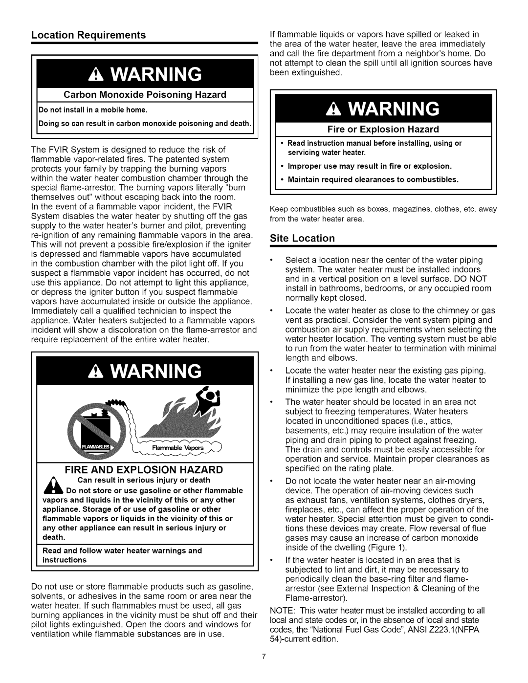 A.O. Smith Water Heater installation instructions Location Requirements, Site Location 