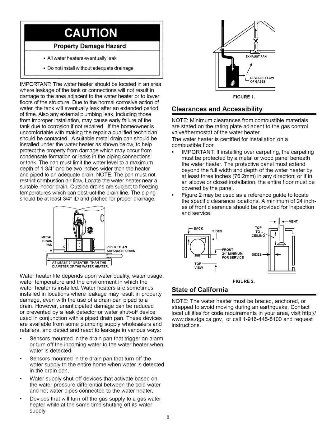 A.O. Smith Water Heater installation instructions Pmpey Damage Hazard, Clearances and Accessibility 