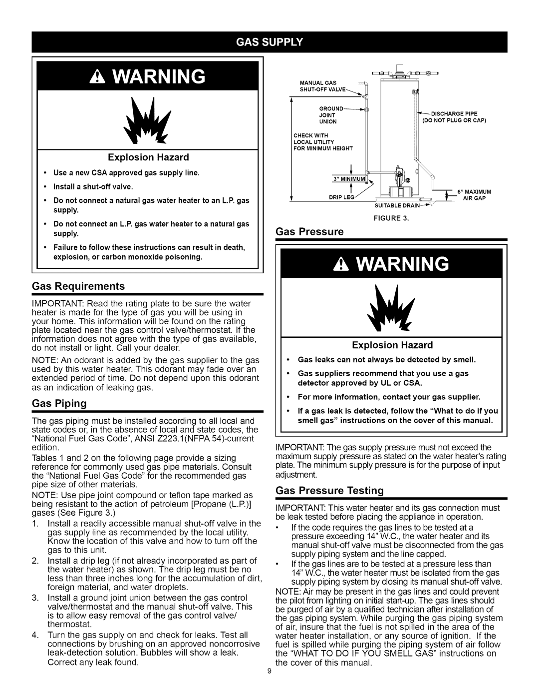 A.O. Smith Water Heater installation instructions Gas Requirements, Gas Piping, Gas Pressure Testing 