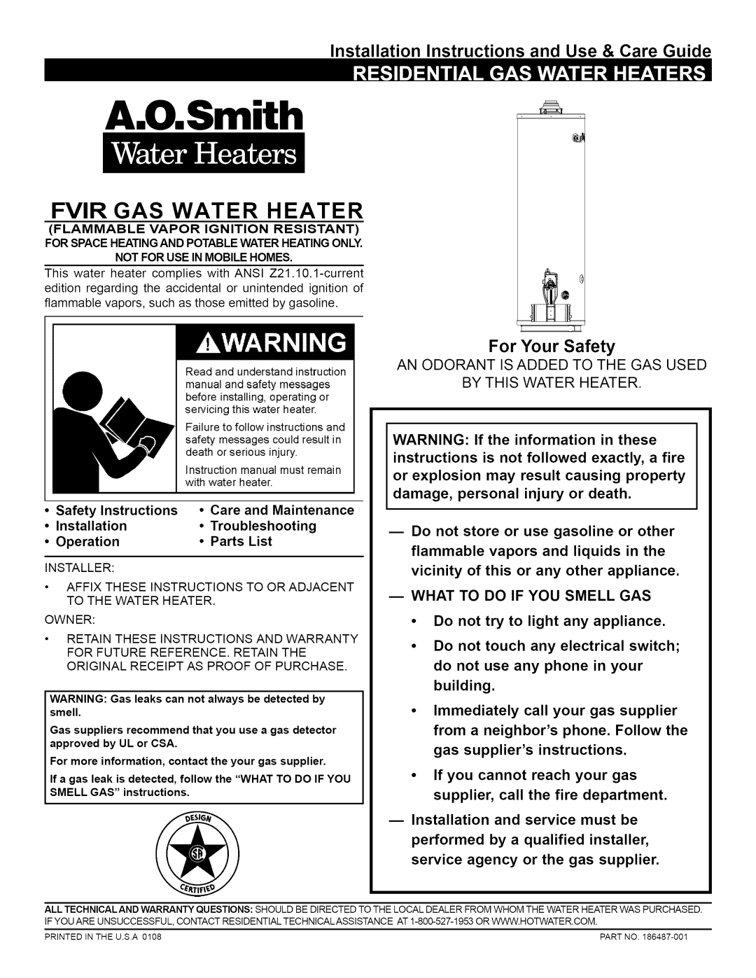 A.O. Smith installation instructions Fvir Gas Water Heater, Installation Instructions and Use & Care Guide, A.O.Smith 