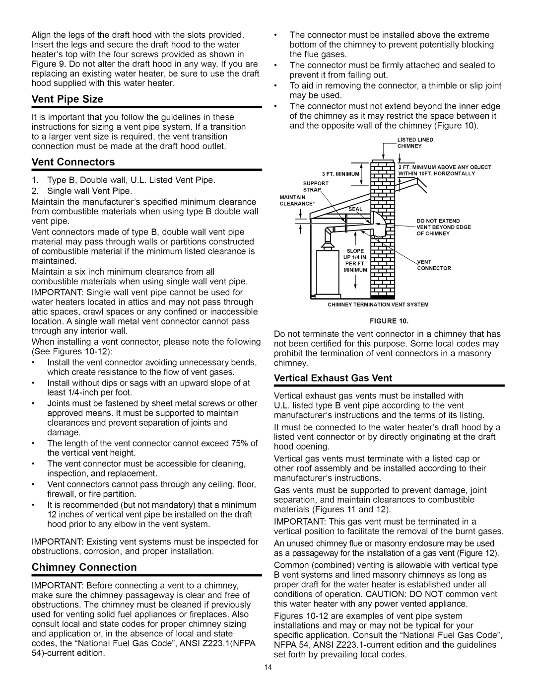 A.O. Smith Water Heater installation instructions Vent Pipe Size, Vent Connectors, Chimney Connection 