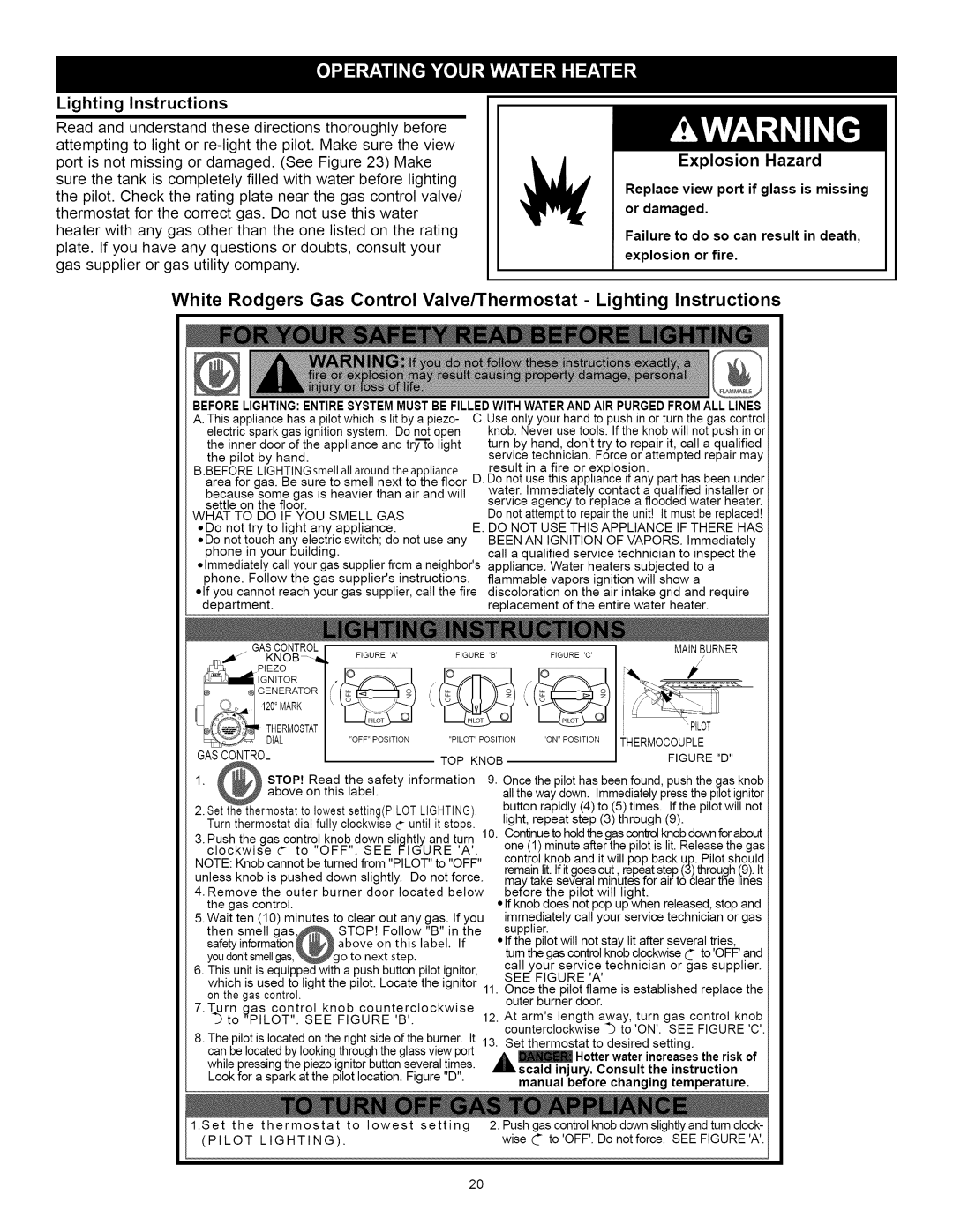 A.O. Smith Water Heater White Rodgers Gas Control Valve/Thermostat - Lighting Instructions, Explosion Hazard, If you, wise 