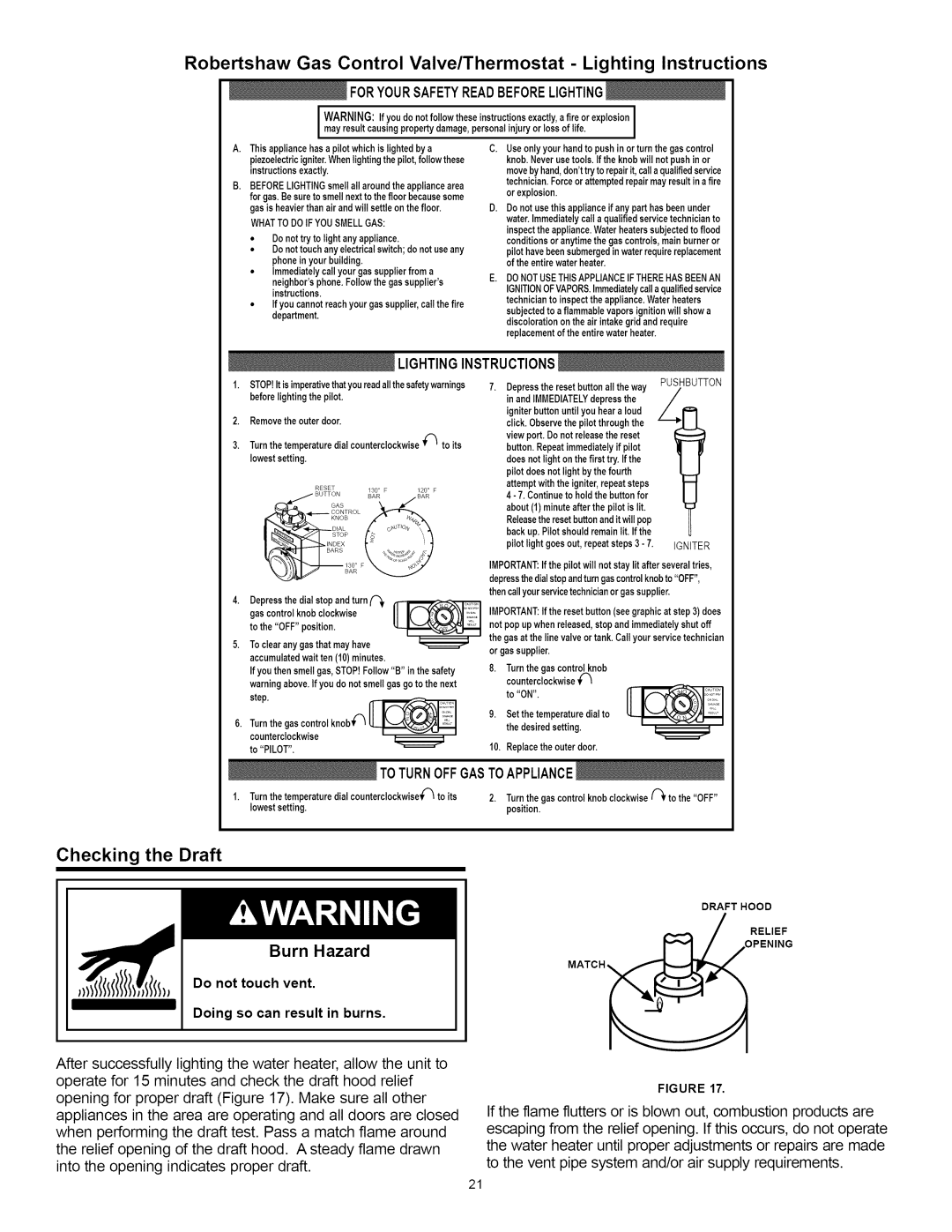 A.O. Smith Water Heater Robertshaw Gas Control Valve/Thermostat - Lighting Instructions, Checking the Draft, Burn Hazard 