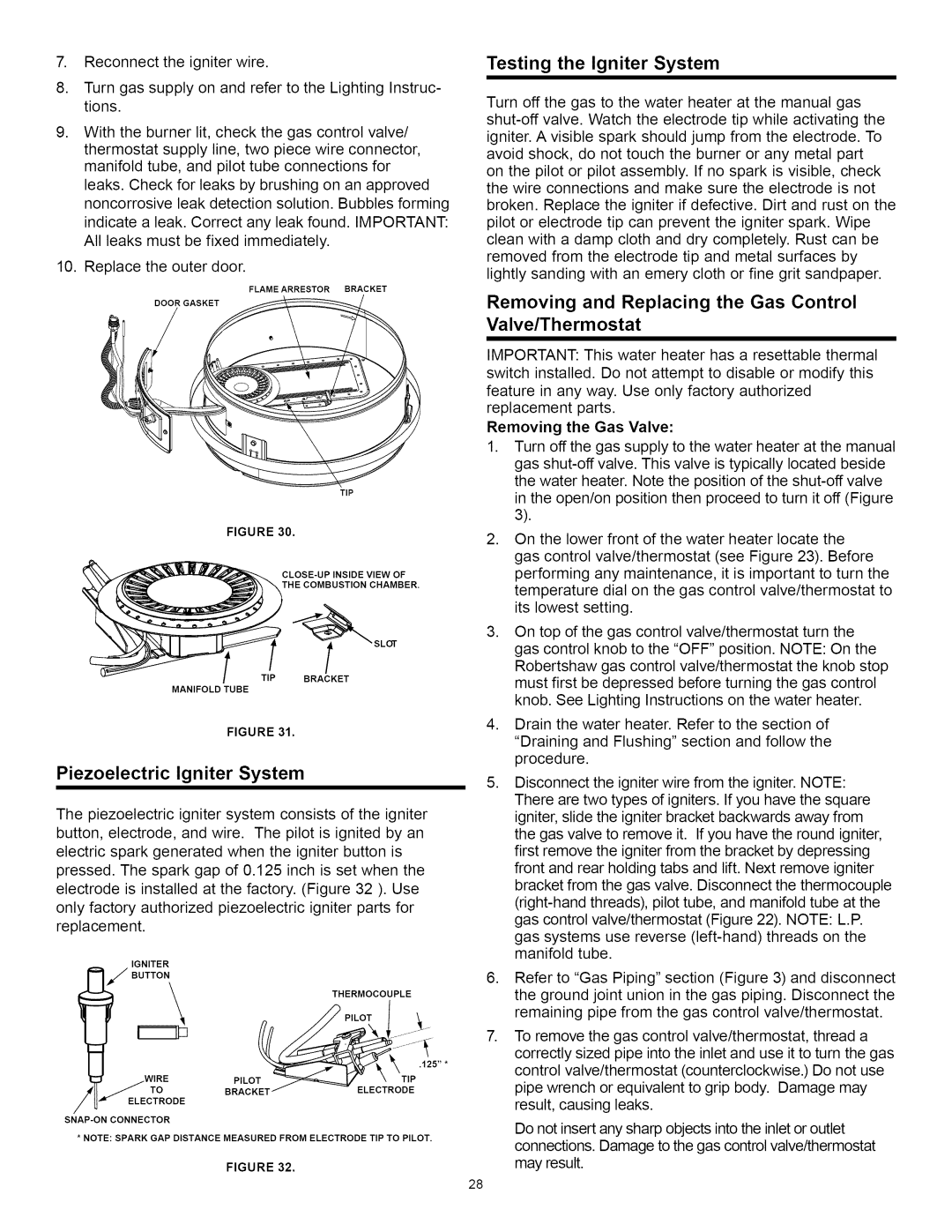A.O. Smith Water Heater installation instructions Piezoelectric Igniter System, Testing the Igniter System, 2P,LOT 