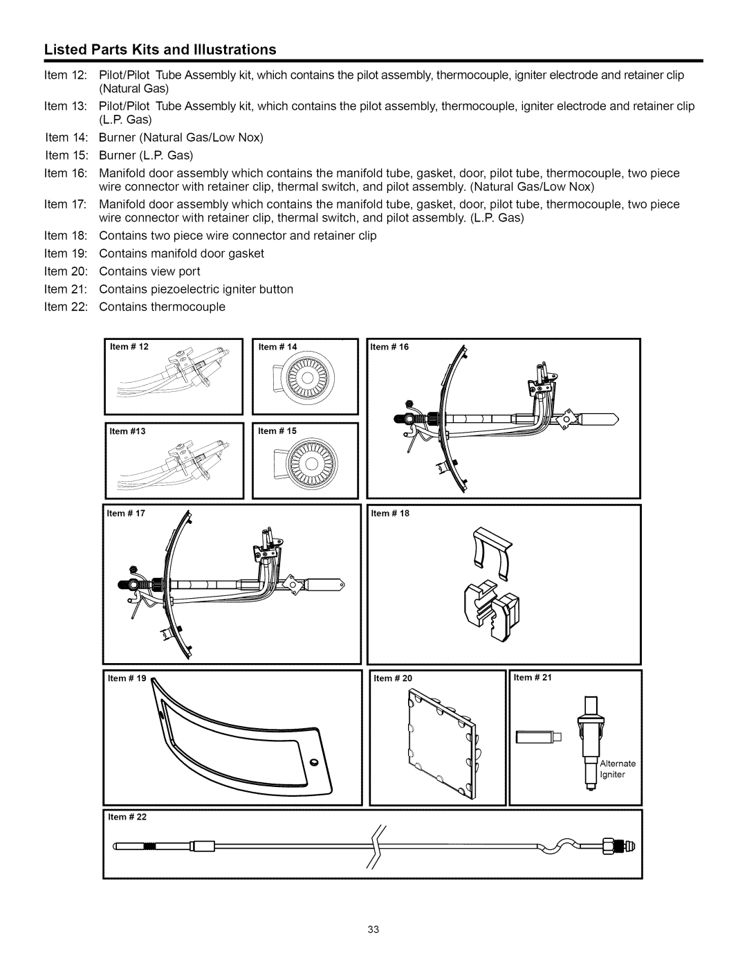 A.O. Smith Water Heater installation instructions Listed Parts Kits and Illustrations 