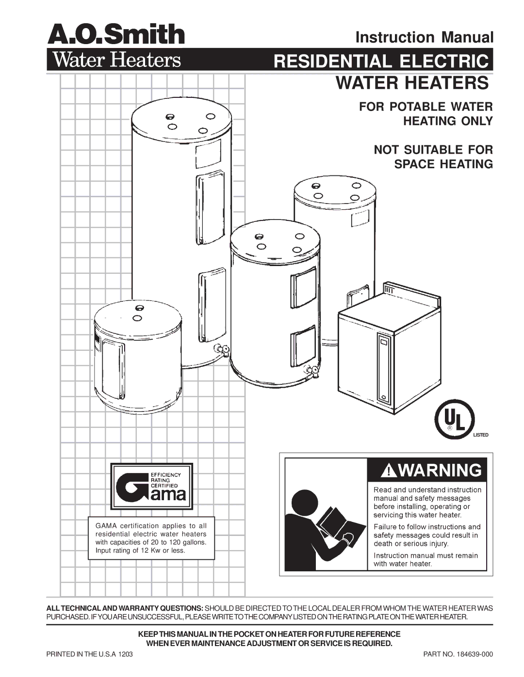 A.O. Smith WATER HEATERS instruction manual Residential Electric 