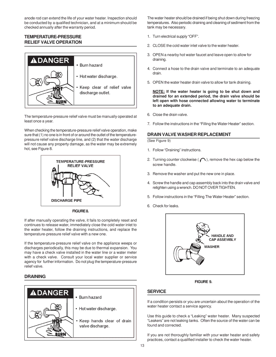 A.O. Smith WATER HEATERS TEMPERATURE-PRESSURE Relief Valve Operation, Draining, Drain Valve Washer Replacement, Service 