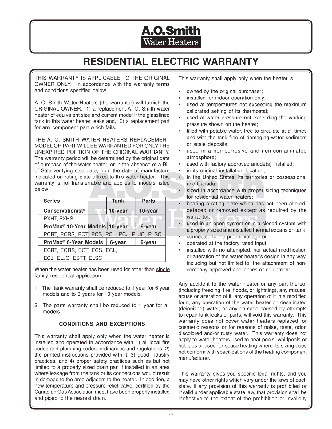 A.O. Smith WATER HEATERS instruction manual PXHT, Pxhs, Conditions and Exceptions 