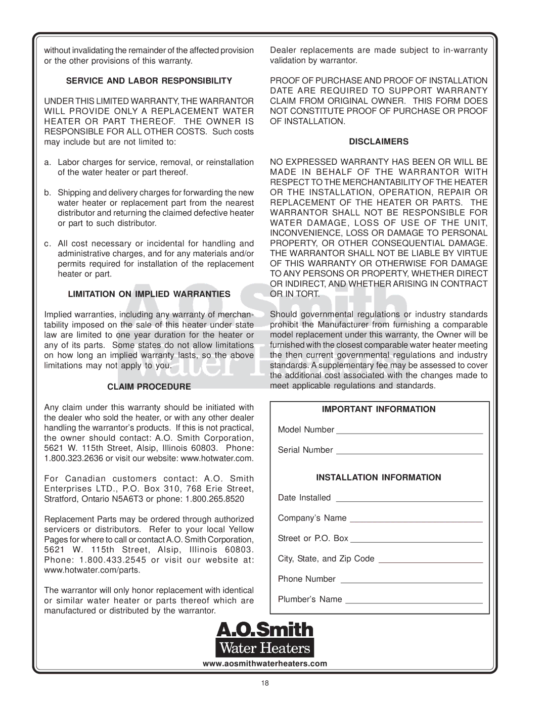 A.O. Smith WATER HEATERS Service and Labor Responsibility, Limitation on Implied Warranties, Claim Procedure, Disclaimers 