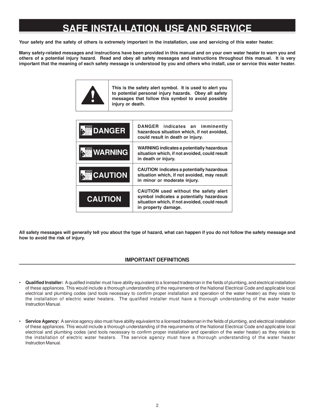 A.O. Smith WATER HEATERS instruction manual Safe INSTALLATION, USE and Service, Important Definitions 