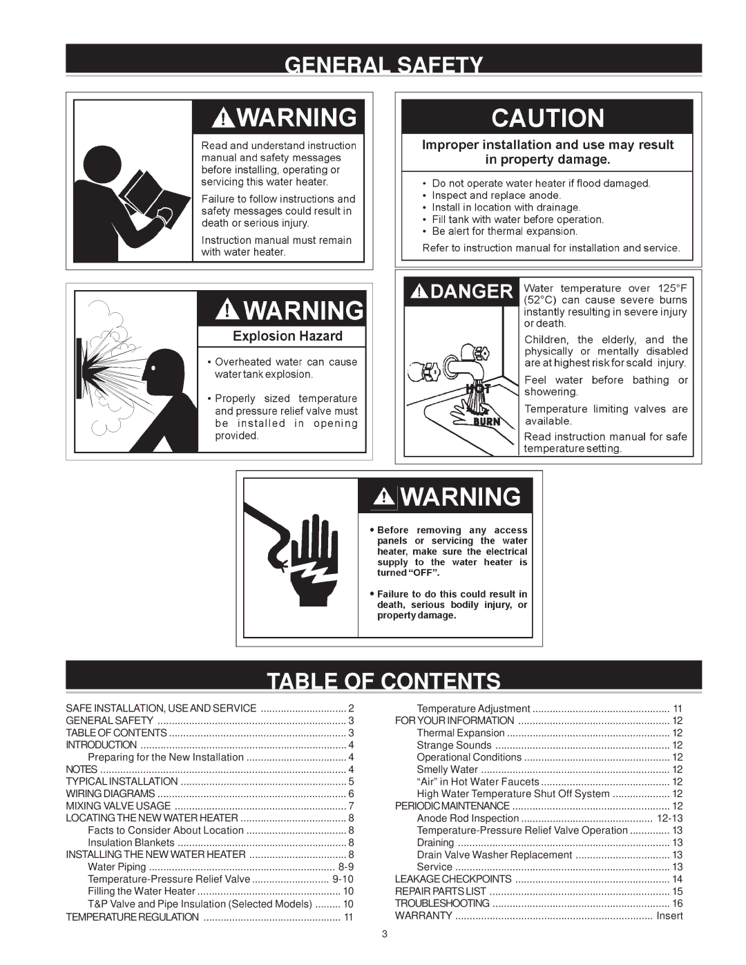 A.O. Smith WATER HEATERS instruction manual General Safety Table of Contents 