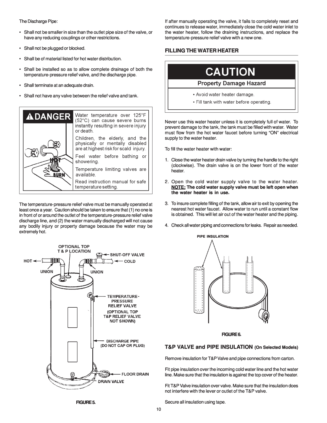 A.O. Smith WATER HEATERS instruction manual Filling The Water Heater, T&P VALVE and PIPE INSULATION On Selected Models 