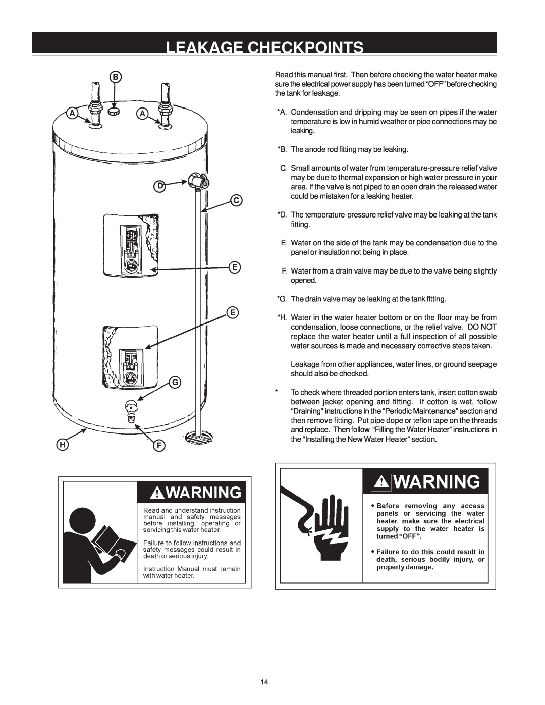 A.O. Smith WATER HEATERS instruction manual Leakage Checkpoints 