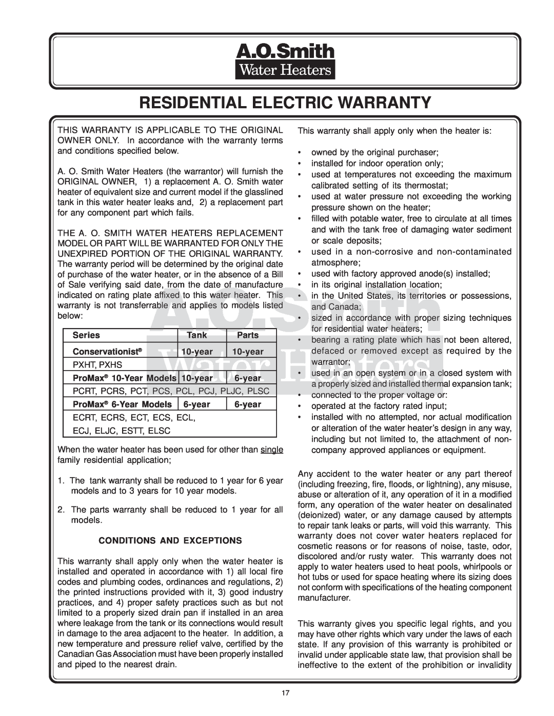 A.O. Smith WATER HEATERS instruction manual Residential Electric Warranty 