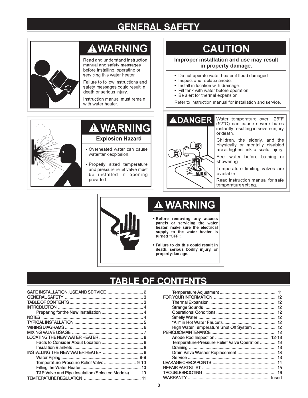 A.O. Smith WATER HEATERS instruction manual General Safety Table Of Contents 