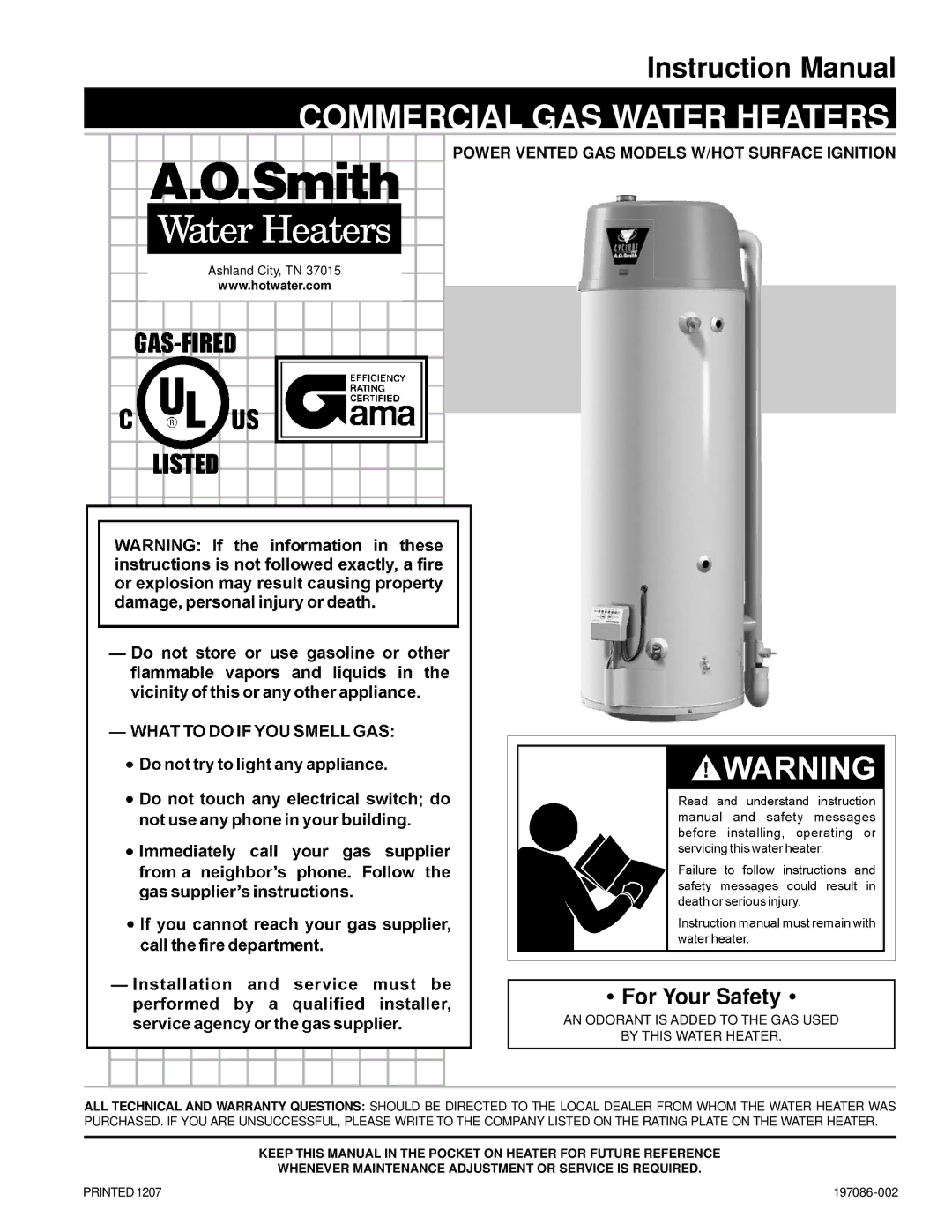 A.O. Smith instruction manual Commercial GAS Water Heaters, Power Vented GAS Models W/HOT Surface Ignition 