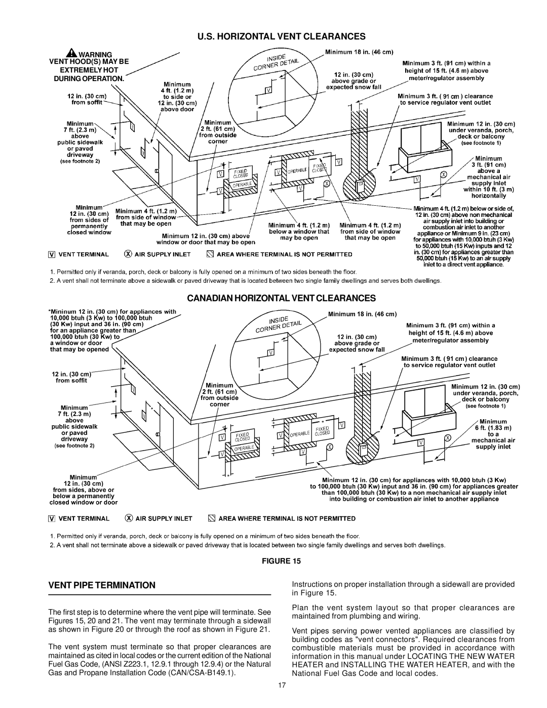 A.O. Smith W/HOT instruction manual Canadian Horizontal Vent Clearances Vent Pipe Termination 